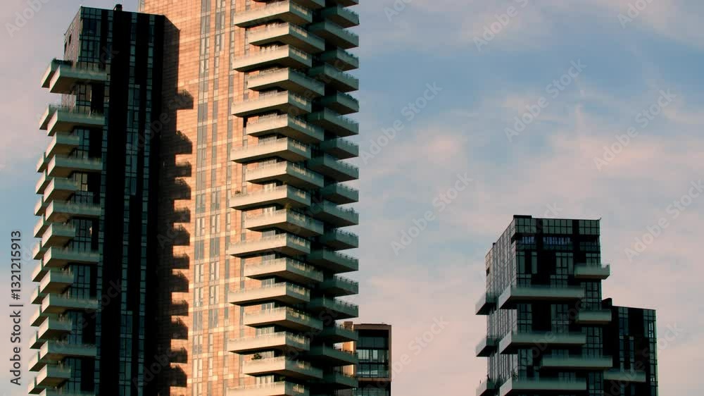bosco verticale (vertical forest) residential towers close up view aerial drone architecture skyscraper building against blue sky
