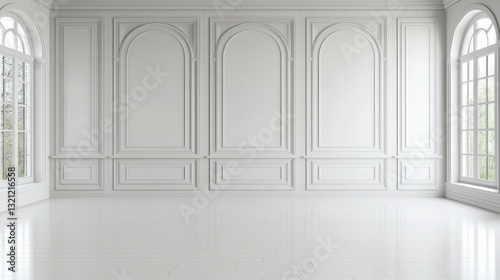 Elegant white room with classic wall paneling and arched windows. Interior design concept for architecture and home decor.