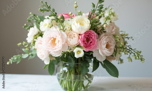 Spring bouquet with ranunculus, peonies, and greenery in crystal vase