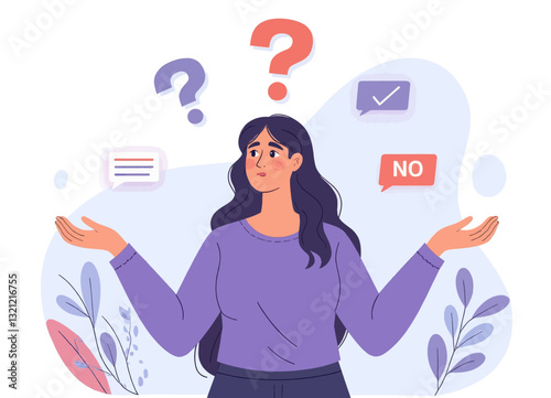 Confused Woman Weighing Options with Question Marks 
