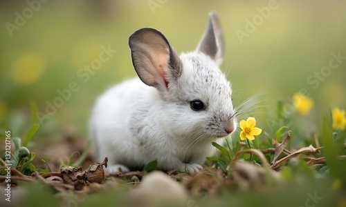 Tiny chinchilla baby nestled in soft spring ground cover, incredibly detailed fur texture
