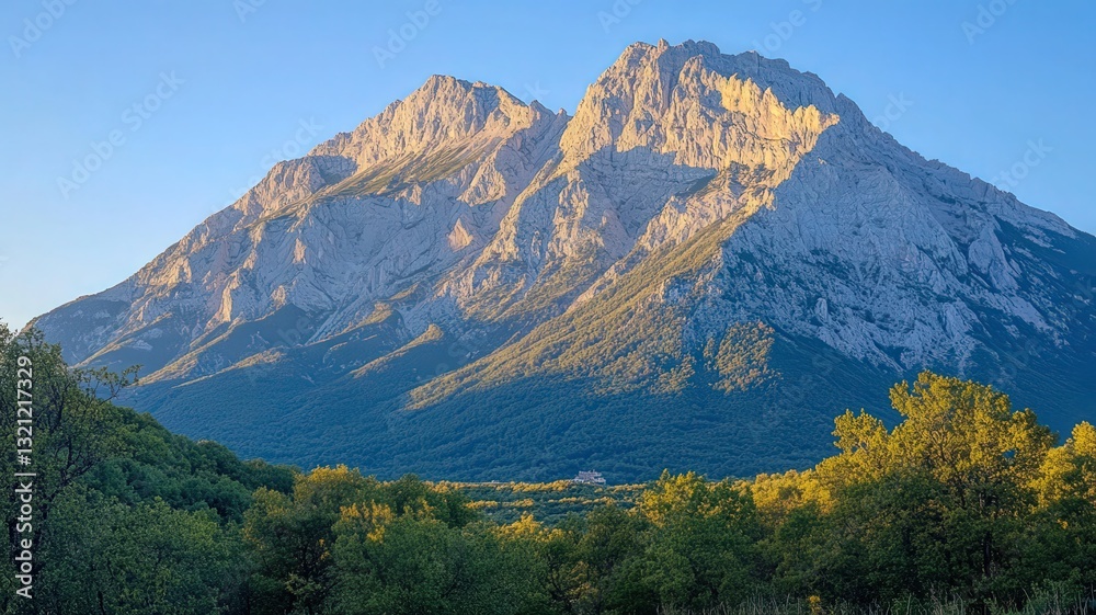 Obraz premium Majestic Mountain Range at Sunrise, Clear Sky and Lush Greenery