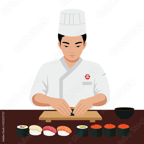 Sushi chef preparing rolls in flat style vector art illustration