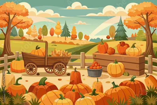 autumn pumpkin patch with scattered hay bales, and a wooden cart filled with pumpkins.