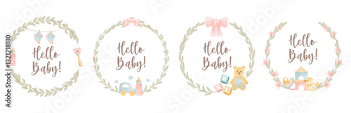 Hello baby watercolor floral frames isolated set decorated with newborn accessories cute elements