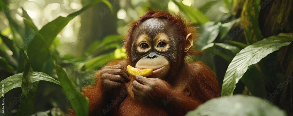 Obraz premium An adorable young ape is enjoying a piece of fruit
