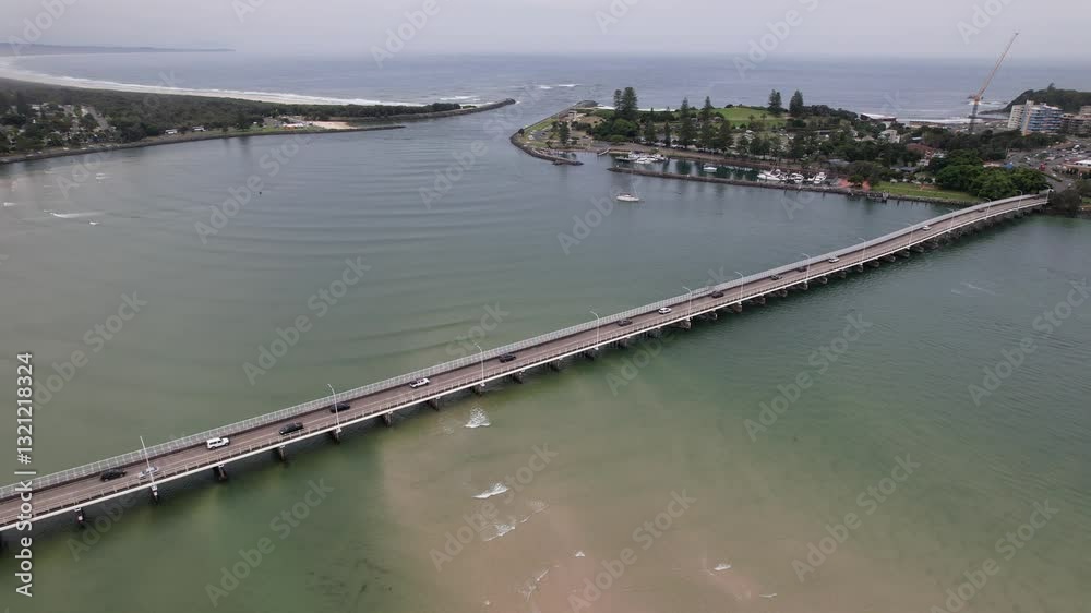 Head Street Bridge Across Coolongolook River In Mid North Coast Of New South Wales, Australia. aerial pullback shot Head Street Bridge Across Coolongolook River In Mid North Coast Of New South Wales, Australia. aerial pullback shot