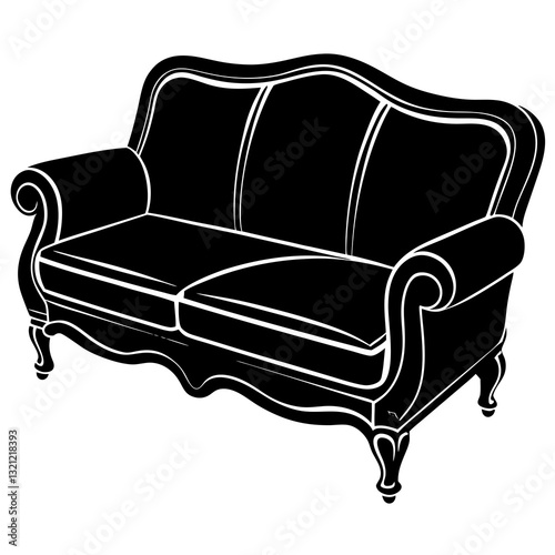 Vintage Sofa Black and White Illustration
, Elegant black and white vector illustration of a vintage sofa with curved armrests and ornate wooden legs, perfect for classic furniture designs.
