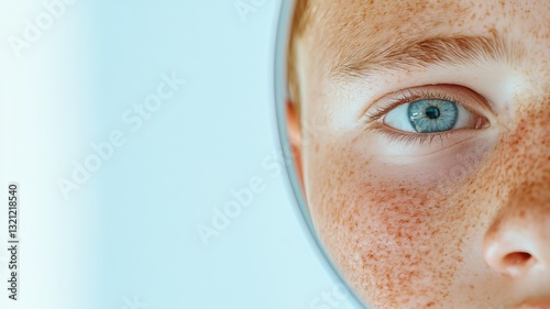 A teenager looking closely at their face in a bathroom mirror, with visible acne on their cheeks and forehead