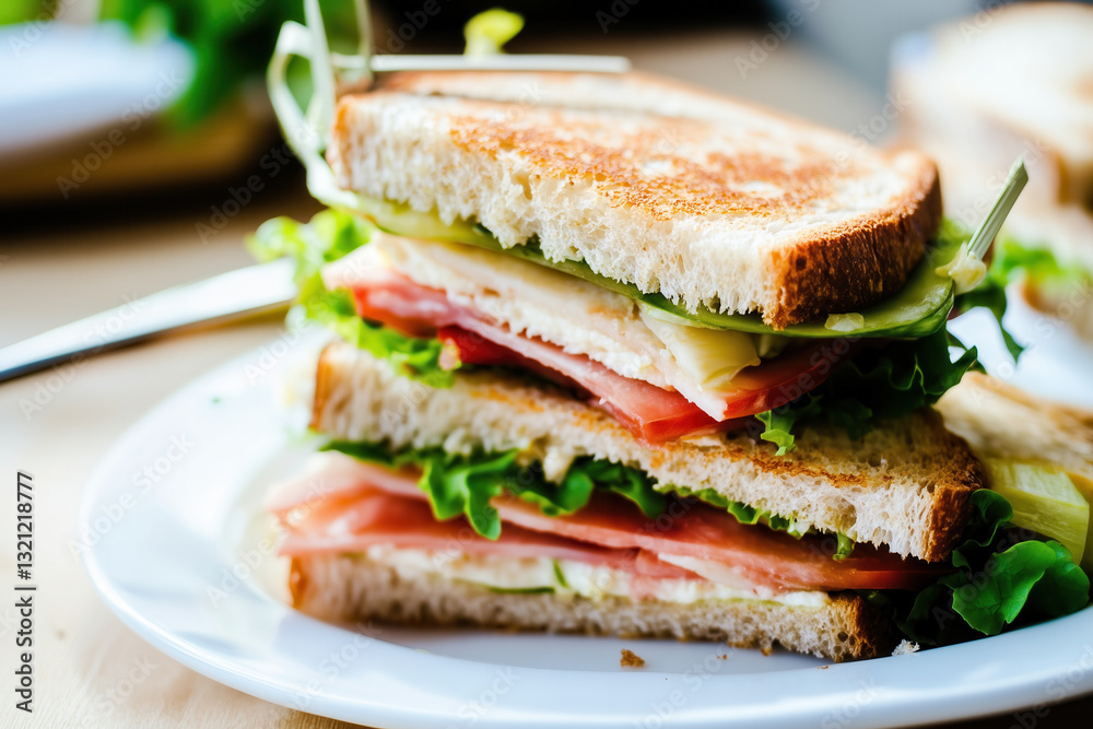 A tempting double-decker sandwich with fresh ingredients, including ham, turkey, cheese, and crisp vegetables. A tempting double-decker sandwich with fresh ingredients, including ham, turkey, cheese, and crisp vegetables.