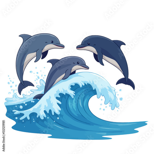 Cartoon dolphins leaping over a blue ocean wave.