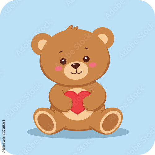 Cartoon Brown Teddy Bear Holds Red Heart on Blue
