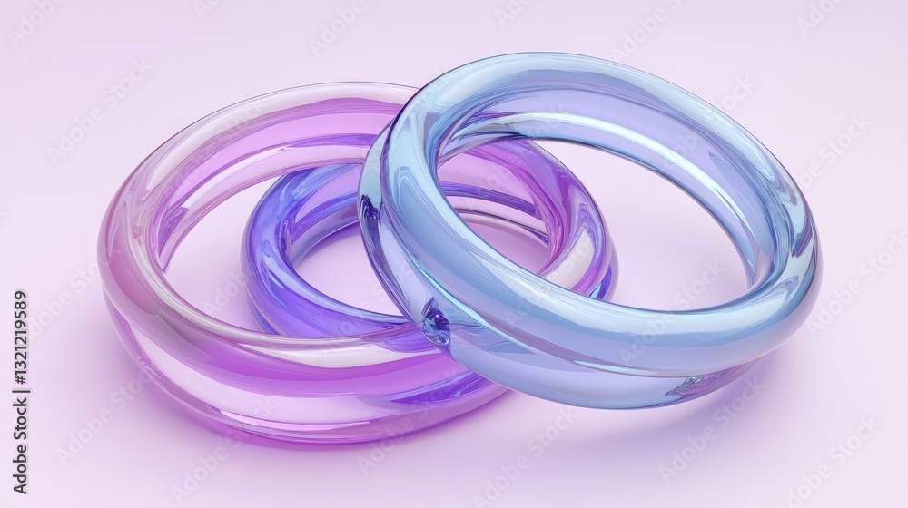 Three colorful transparent rings intertwined on a soft pastel background, showcasing modern design and elegance Three colorful transparent rings intertwined on a soft pastel background, showcasing modern design and elegance