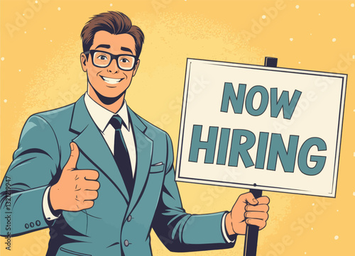 Businessman Holding Now Hiring Sign
