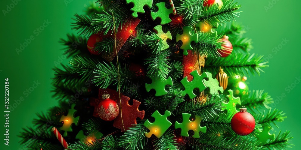 Fototapeta premium A Christmas tree crafted from interlocking jigsaw puzzle pieces, green and festive, craft, season