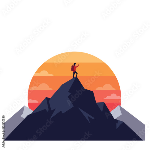 Hiker standing on mountain peak during sunset in flat vector art