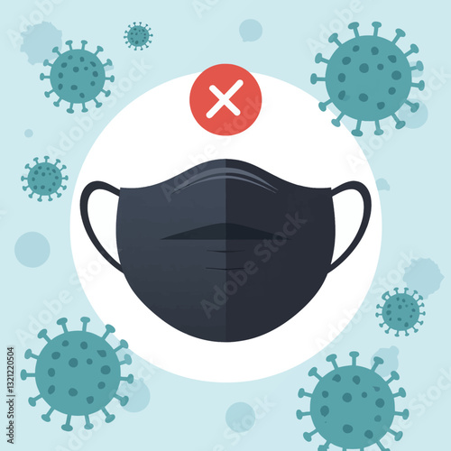 Black Mask with Red X, Teal Coronavirus Background