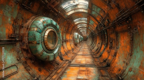 Rusty tunnel interior, futuristic, decay, path photo