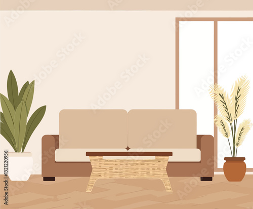 Beige Sofa, Wicker Table, and Potted Plants by Window