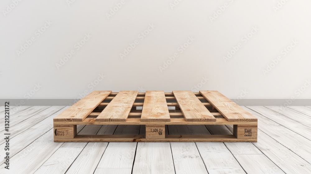 Wooden pallet on a white wooden floor against a white wall. Concept of shipping, storage, and transportation. Wooden pallet on a white wooden floor against a white wall. Concept of shipping, storage, and transportation.