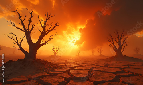 Extreme heatwave in a cracked dry desert shimmering air skeletons of trees