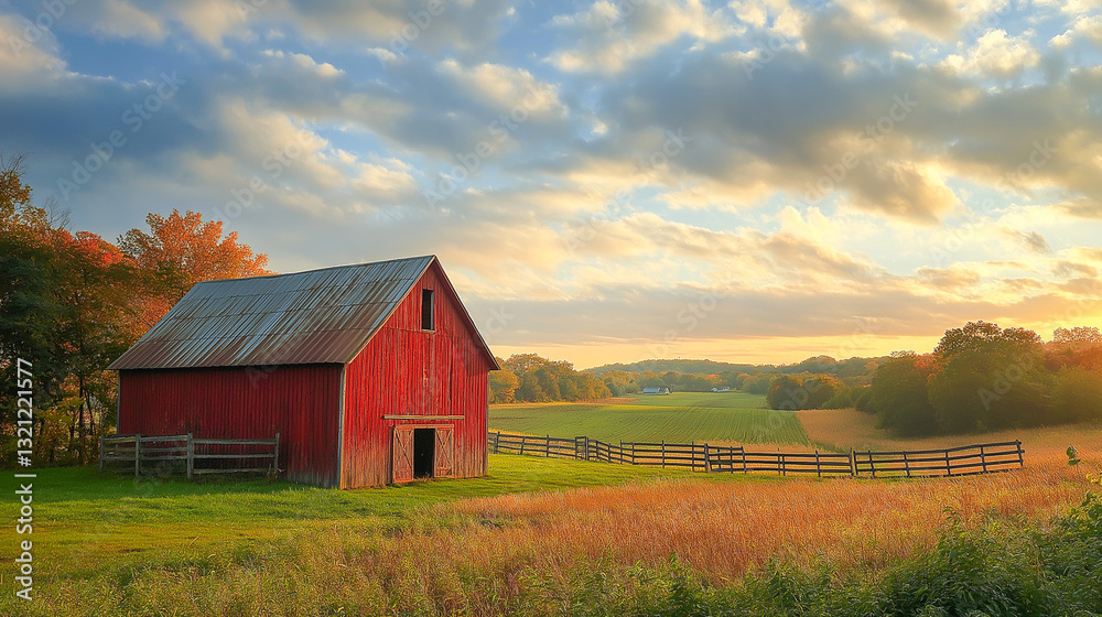 Rustic red barn stands in a golden field with a picturesque landscape in the background Rustic red barn stands in a golden field with a picturesque landscape in the background