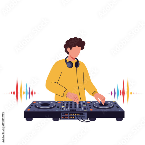 DJ mixing music with turntables and headphones in flat vector art