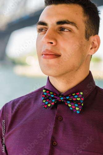 young man wearing fun bow tie photo