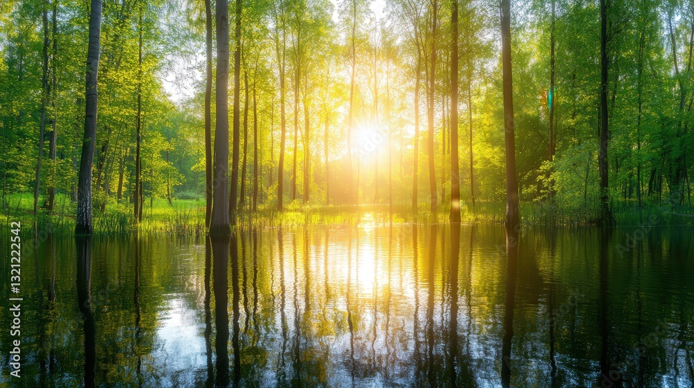 Obraz premium A serene forest scene at sunrise, reflecting golden light on calm waters surrounded by lush greenery.