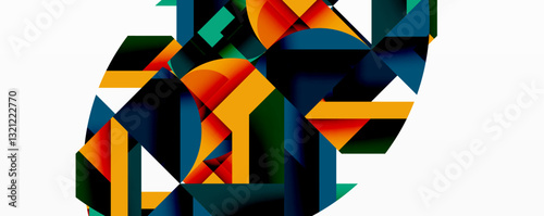 Abstract geometric artwork with interwoven angular and curved shapes, dynamic composition with smooth gradients and bold contrasts