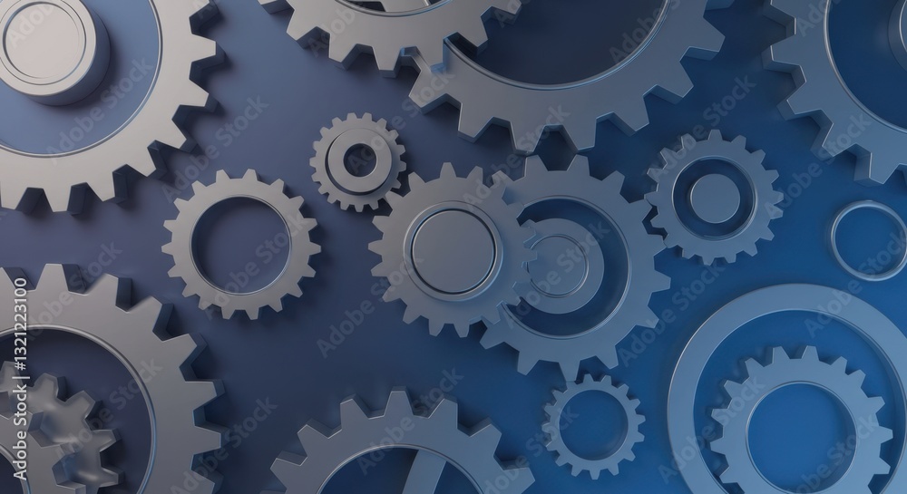 Abstract Interlocking Gears Pattern: A 3D Render of Complex Metallic Cogwheels on a Blue Background Abstract Interlocking Gears Pattern: A 3D Render of Complex Metallic Cogwheels on a Blue Background
