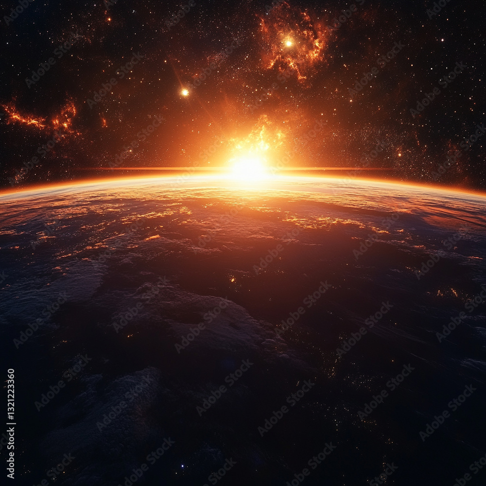 Stunning view of sunrise over Earth from space showcasing cosmic beauty and the vastness of the universe. Generative AI Stunning view of sunrise over Earth from space showcasing cosmic beauty and the vastness of the universe. Generative AI
