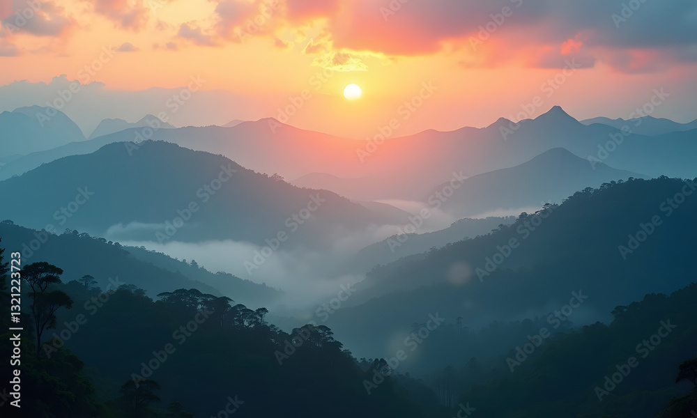 Fototapeta premium Misty mountain peaks rising above a dense rainforest early morning glow