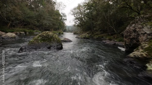 River flowing through a rocky landscape in Misiones, Argentina, showcasing the natural beauty of Gruta India with lush vegetation and dynamic water movement, FPV drone footage