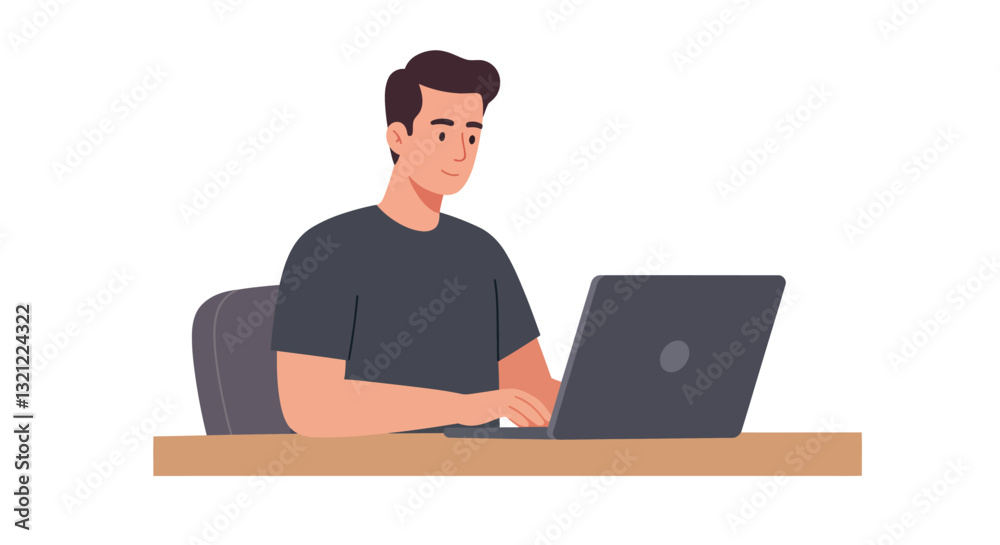 Young man working on laptop in modern workspace flat vector illustration Young man working on laptop in modern workspace flat vector illustration