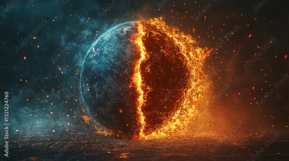 Obraz premium The Earth splitting into symmetrical halves with molten lava pouring out 