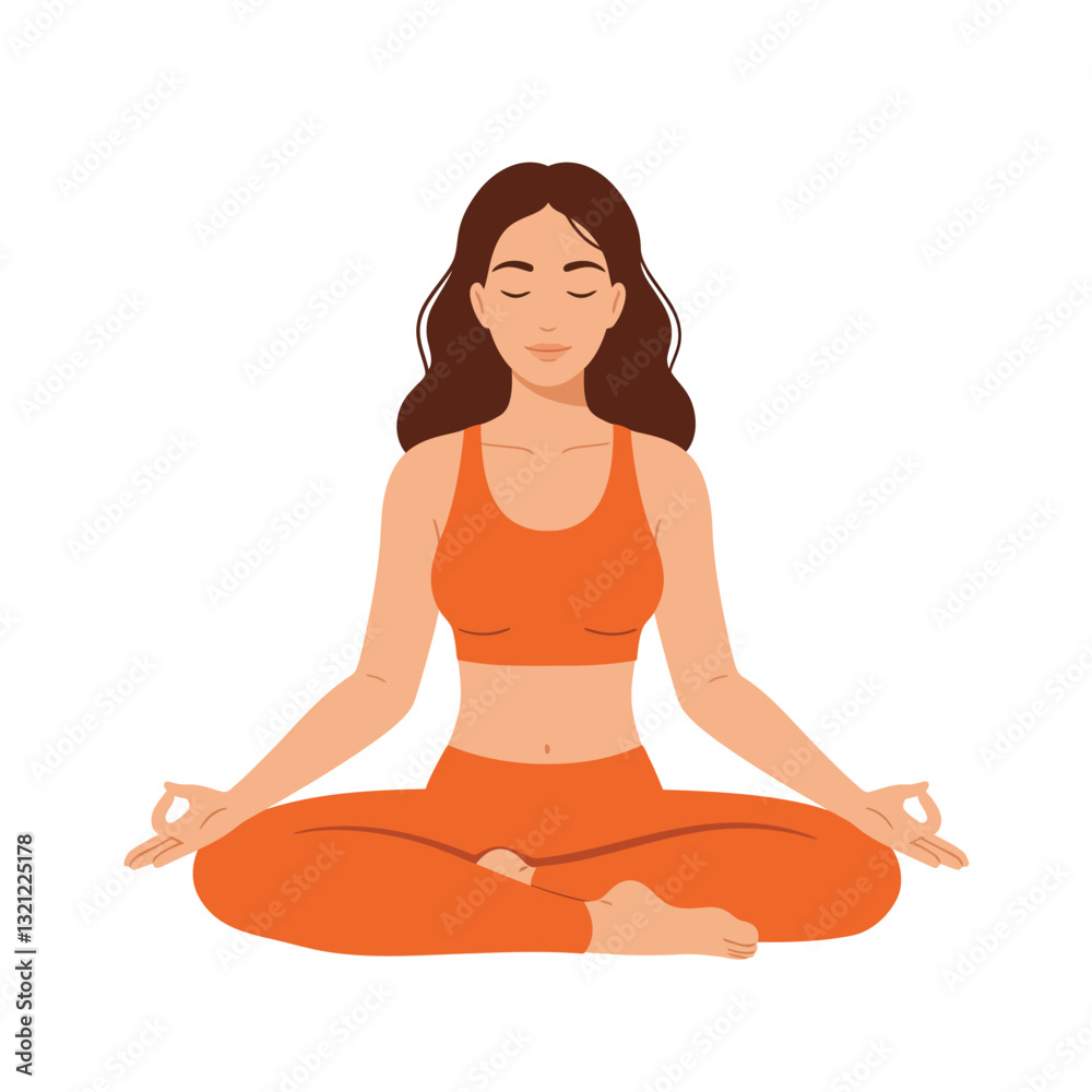 Woman meditating in orange attire with minimal design elements in vector art Woman meditating in orange attire with minimal design elements in vector art