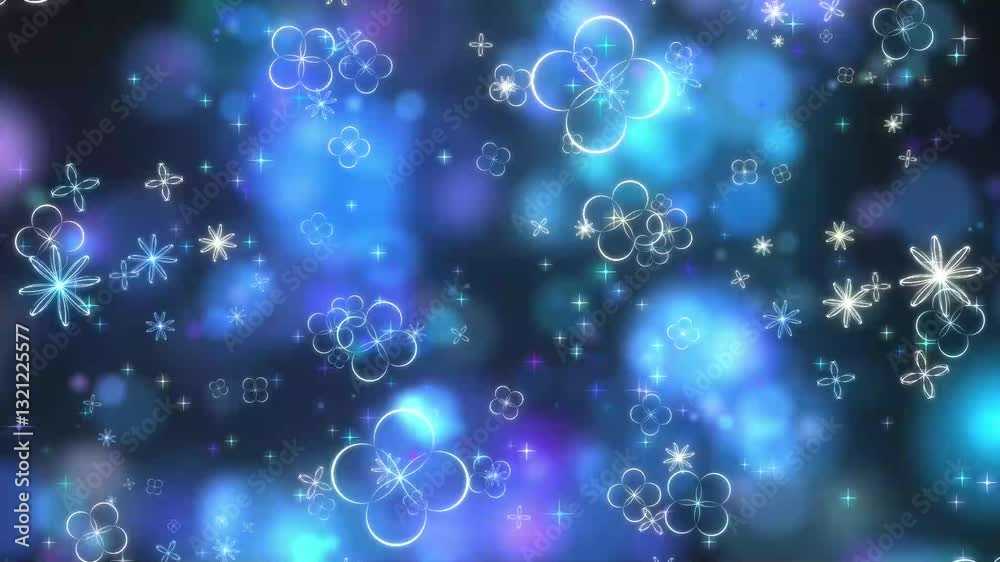 Sparkling floral particles and blue and purple neon circular particles. christmas style illumination: loop material: background in princess fantasy animation styl：abstract blue background with bubbles