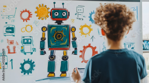 
A person teaching a robotics class, with large, colorful sketches of robots and gear icons