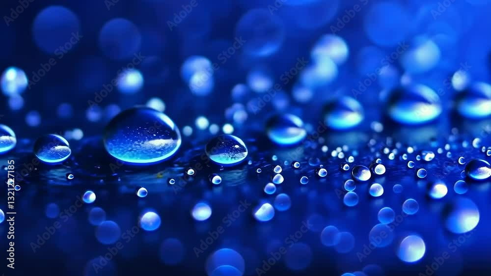 Macro view of water droplets on glass with blue light bokeh effect evolving across frames Macro view of water droplets on glass with blue light bokeh effect evolving across frames