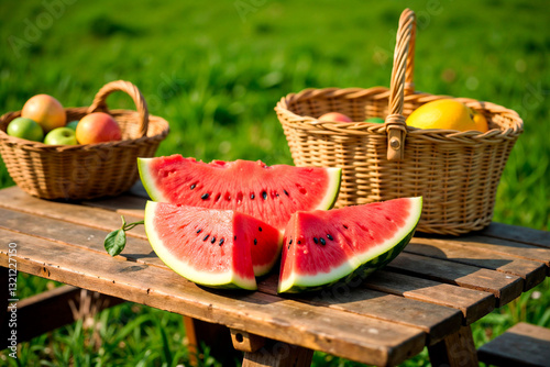Sliced watermelon on a wooden picnic table with fruit baskets, summer pleasures