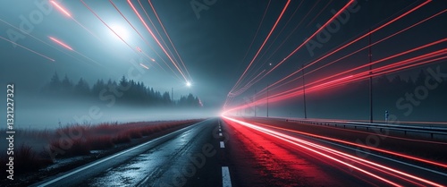 dark foggy road background with red streaks light rays motion and energy concept digital abstract artwork