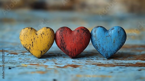 Vibrant trio of weathered heart-shaped objects on rustic surface.