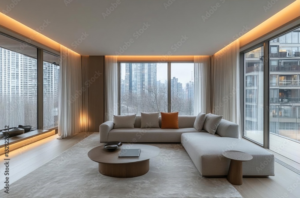 Fototapeta premium Modern living room with large windows showcasing city skyline, minimalist design and cozy ambiance