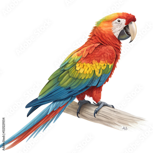 A vibrant, detailed illustration of a scarlet macaw perched on a branch against a white background.