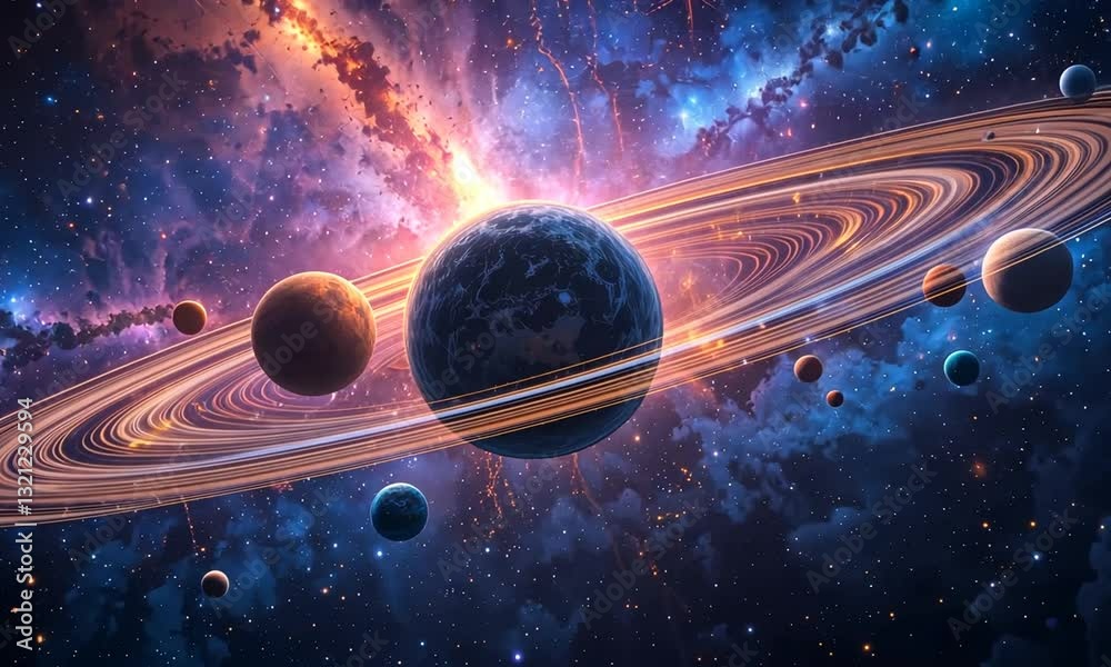 A stunning view of planets, rings, and cosmic dust in deep space, resembling a sci-fi universe. Concept of astronomy and space exploration