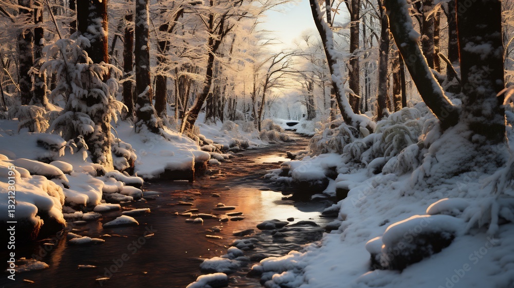 Sunlit Winter Stream for Snowy Forest Path. Sunlit Winter Stream for Snowy Forest Path.