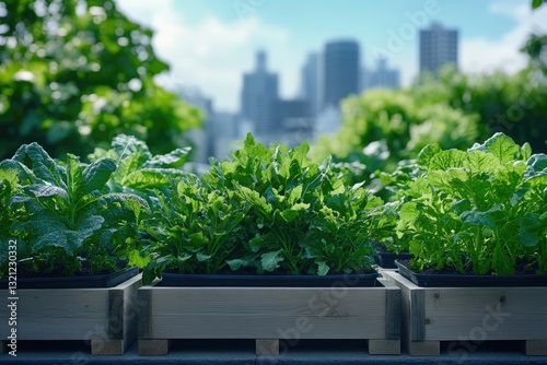 Urban garden showcases vibrant greens in planters with city skyl photo