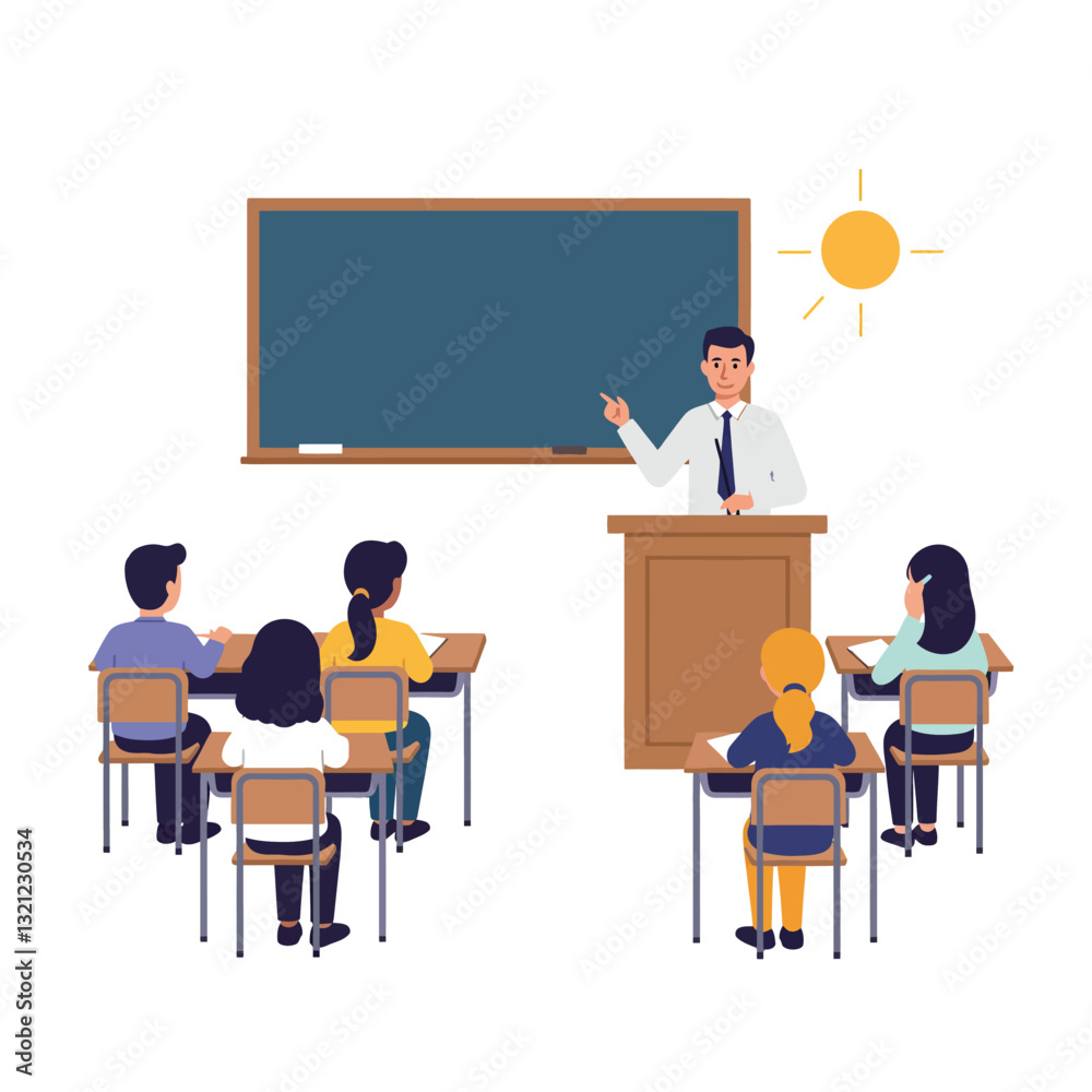 Teacher presenting a lesson in a classroom with flat vector illustration style vector art Teacher presenting a lesson in a classroom with flat vector illustration style vector art