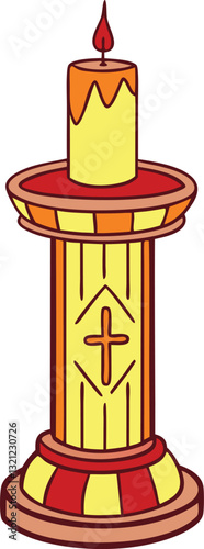 A tall, slender candle is lit on top of a yellow and red pillar. The candle is glowing brightly, casting a warm, inviting light on the surrounding area. The pillar is made of wood